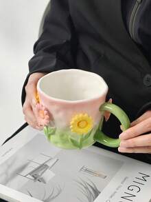 1pc New 3D Sunflower Ceramic Mug, Breakfast Milk Cup, Latte Coffee Cup, Suitable For Home, Cafe, Photography, Valentine's Day Gift Set, Mother's Day, Thanksgiving, Gift For Family And Friends - Multicolor - View 3
