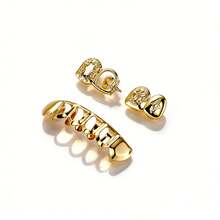 Vintage Retro Engraved Cross Hollow Gold Teeth Grillz Set For Men Women, Gothic Hip Hop Rapper Upper Lower Mixed Dental Grills, Adjustable Non Permanent Party Mouth Jewelry Gift - JA0302 (Vàng) - Xem 5