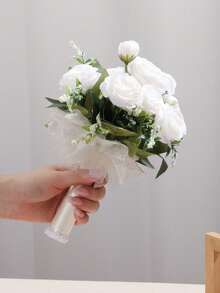 Artificial White Rose Bridal Wedding Bouquet, Lace Bow & Rhinestone Decor, Proposal Gift, Toss Bouquet - Multicolor - View 19