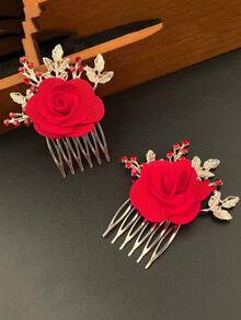2 Stück eleganter Blumen Haarkamm, Braut Haarschmuck, Fotostudio Dekoration, Festival, Party - Rot - Übersicht 1