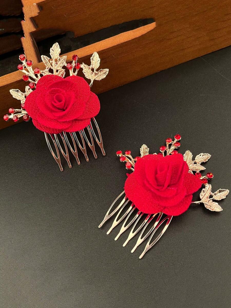 2 Stück eleganter Blumen Haarkamm, Braut Haarschmuck, Fotostudio Dekoration, Festival, Party - Rot - Übersicht 1