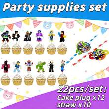 Roblox 22pcs Cartoon Theme Cake Decorative Flags, Fashionable Printed Design, Thick And Durable Material, Suitable For Birthday, Holiday Party Decoration, Wedding, Baby Shower, Gift Packaging - Roblo Boy Cake With Straw Insert - View 8