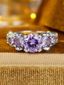 1 Stück 5-Stein runder lila kubischer Zirkonia Ring, silberfarben plattierter Verlobungsring, romantisches Geschenk für sie - Violett - Übersicht 2