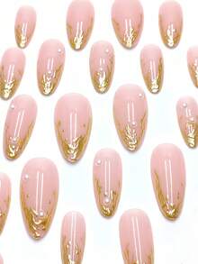 Améliorez votre style, 24 pièces de stickers d'ongles en gel 3D de forme amande longue, stickers de manucure française à design de perles, set de faux ongles acryliques de taille moyenne à presser, comprend : 1 pièce de gel de gelée et 1 pièce de lime à ongles, ongles en forme d'amande française convenant aux femmes et aux filles pour le travail quotidien, les festivals et les fêtes - Doré - Voir 4