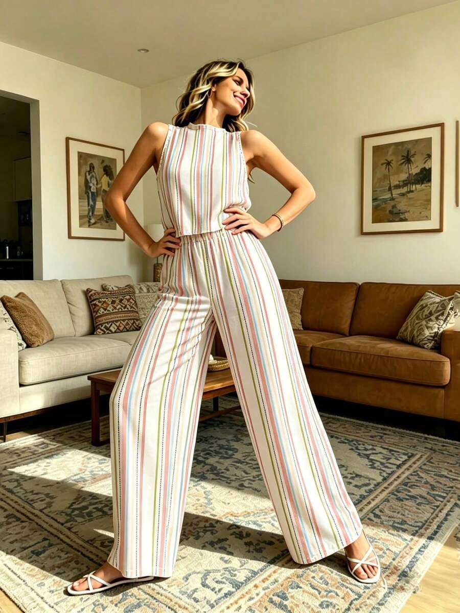 A Women's Fresh & Vibrant Woven Fabric Lightweight & Comfortable Gift For Girlfriend Summer Casual Shopping Colorful Vertical Stripe Style Women's Vest Straight-Leg Pants Set - 彩色 - 查看 1
