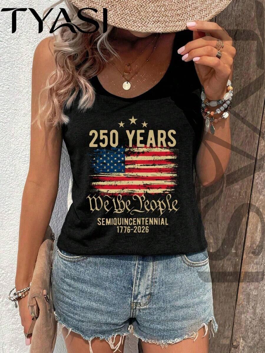 TYASI -250 Years American Flag We The People Tank Top  1776-2026 Patriotic Top-Women's  Sleeveless Shirt, Minimalist And Fashionable, Women Vest,Suitable For Summer - 黑色 - 查看 1