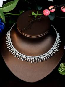 1 Set de collar con borla y circonita cúbica en tono plateado, accesorio brillante adecuado para ceremonias de graduación y ocasiones formales - Plateado - Ver 6