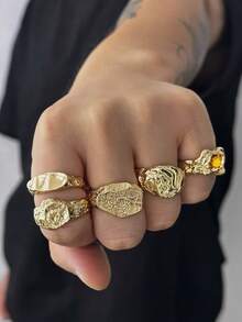 Set de 5 anillos de metal líquido minimalistas con estilo punk para hombres, para uso diario casual, adecuado como regalo - 5 piezas - Ver 8