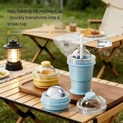 Portable Foldable Ice Ball Cup, Reusable Collapsible Travel Cup With Straw, Heat-Resistant Lightweight Easy-To-Clean Beverage Container, Suitable For Hiking, Camping, Office, Travel, Daily Use, Women Water Bottle, Coffee Cup