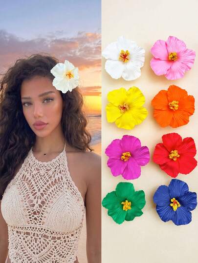 1/8pcs Hawaiian Flower Hair Clips For Women, Feather Flower Hair Clips, Hibiscus Hair Clips, Bohemian Artificial Flower Hair Clips, Cute Hair Accessories Suitable For Ladies And Girls In Summer, Beach, Party