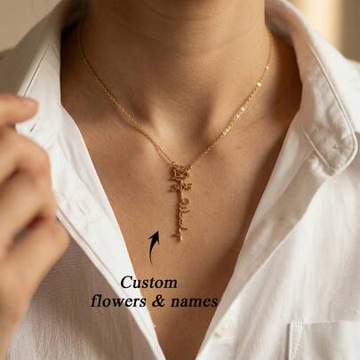 1pc Exquisite Birth Flower Name Pendant, Custom Vertical Necklace, Elegant Personalized Floral Souvenir, Women's Necklace, Jewelry Women, Custom Gifts, Fashion Styles, Custom Name Necklaces, Gifts For Mom, Sister, Friends, Mother's Day Gifts, Personalized Necklace Gifts