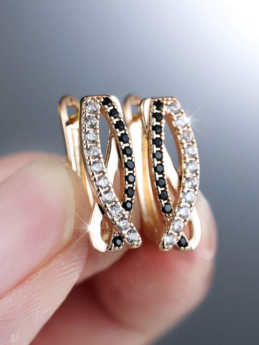 Vanel 一对优雅的金色镶钻立方氧化锆耳环，双色扭曲耳环设计，时尚日常饰品，送给她的优雅珠宝礼物 - 金黃色-黑白雙色 - 查看 1