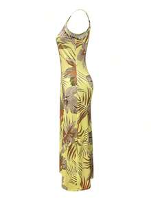 Vestido largo de tirantes informal con estampado de plantas para vacaciones de mujer - amarillo ganso - Ver 4