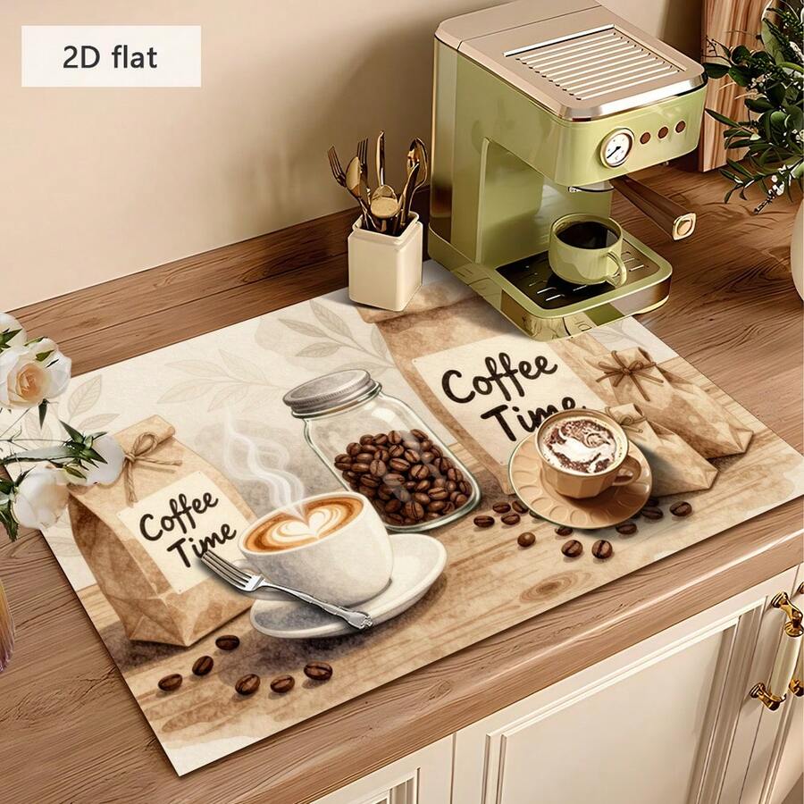 1 tấm lót chén đĩa, tấm lót máy pha cà phê, tấm thấm hút bằng polyester với họa tiết hạt cà phê và tách cà phê, tấm thoát nước đa năng, quà tặng gia đình, vật trang trí bàn.
