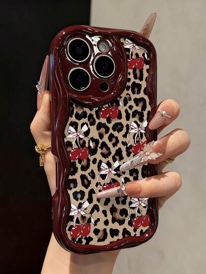 Leopard Cherry Painted Flat Printing Wine Red Painted Cream Texture Painted Soft Case Compatible With IP17/IP17PROMAX/Iphone16//Iphone16pro/Iphone16promax/Iphone15/ XR /7p8p/P12promax/P13promax/P14PROMAX /P13/P14/P11/P12/P14 Cute Fashion Thick Phone Case Protective Cover For XS/S/XSMAX/78GES2