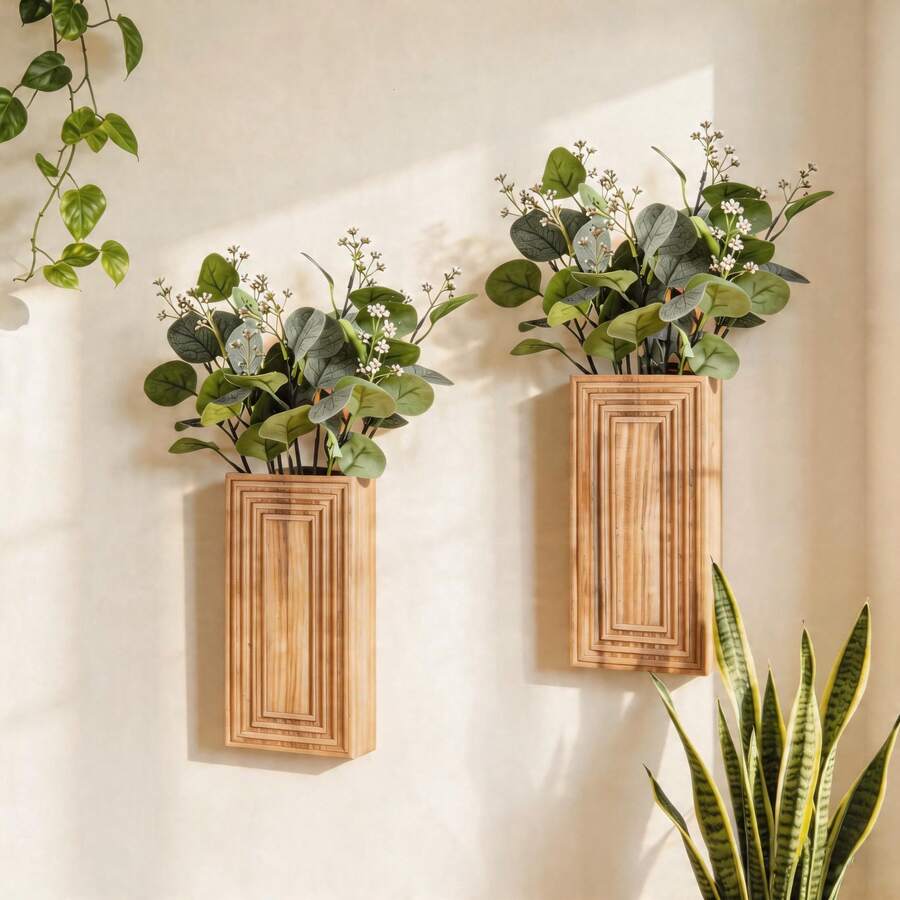Chậu hoa treo tường bằng gỗ, cây giả trang trí trong nhà theo phong cách hiện đại Boho mộc mạc, thích hợp cho nhà ở, nhà bếp, phòng tắm, phòng khách, phòng ăn. - A - Xem 1