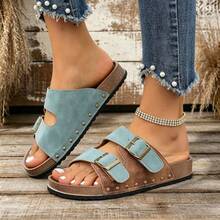 Chanclas casuales con tachuelas de diseño de bloques de color, ajustables y sin cordones, adecuadas para adolescentes, unisex, mujeres, uso en exteriores, playa, suela blanda, pareja, estampado de leopardo, adecuadas para fiesta, oficina, ligeras, elegantes, minimalistas, cómodas, casuales, para fiesta, diario, viaje, boda, camping, esenciales para verano y otoño, regalo, sexy, exterior, diseño retro - Azul caqui - Ver 17