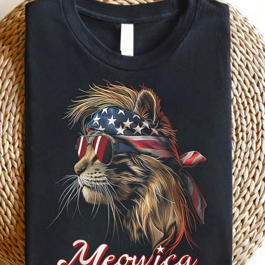 Patriotic Cat Meowica 4th Of July Clipart Digital Download220g Heavyweight 100 Cotton T-Shirt Butterfly Print Unisex Siz - 黑色 - 查看 1
