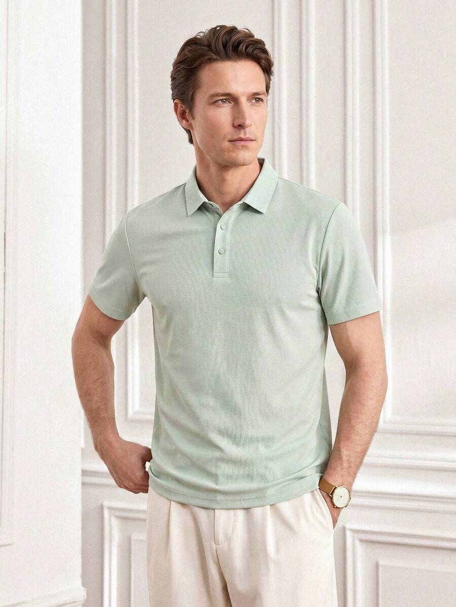 Men's Summer Short Sleeve Polo Shirt, High Stretch Quick Dry Breathable Solid Color T-Shirt, Suitable For Casual, Business, Commuting - Mint Green - View 1