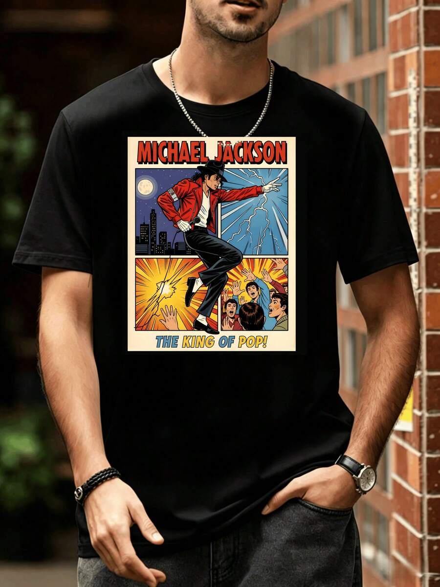 Short-Sleeved Summer Cotton T-Shirt With Retro Comic Book Style Graphic Design - Black - View 1