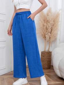 Women's Casual Polyester Wide Leg Drawstring Pants with Slight Stretch, Long Length for Spring Outfits - Azul Marino - Ver 3
