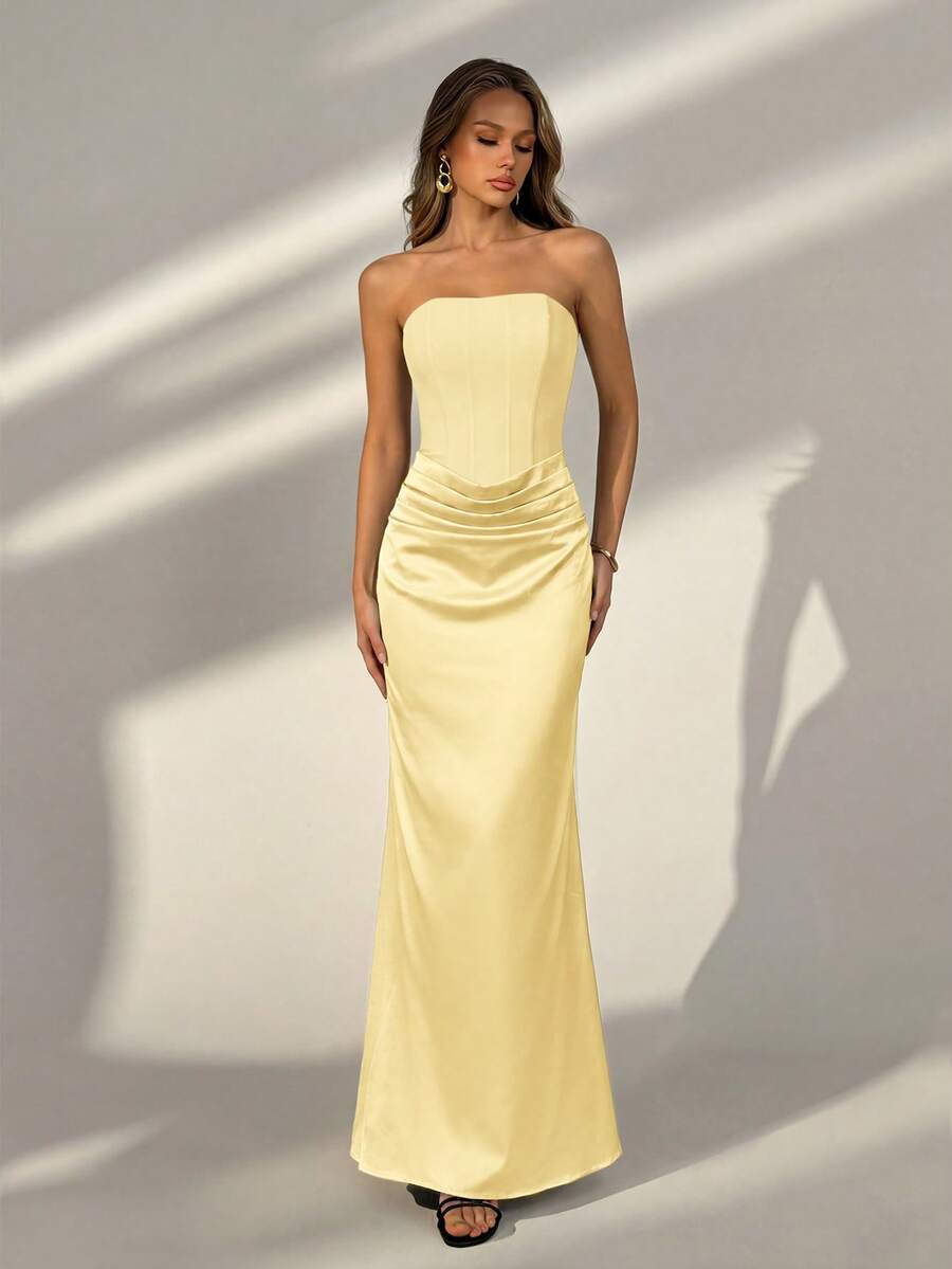 Elegant Strapless Pleated Floor-Length Dress - Yellow Party Wedding - Yellow - View 1