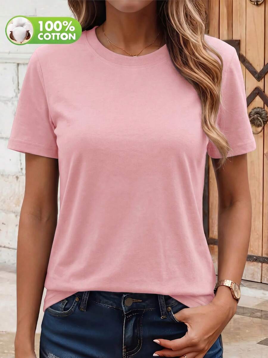 Women's Daily Round Neck Short Sleeve Casual Spring/Fall/Summer T-Shirt Top Outfits For Women Tops For Women Pink - Pink - View 1