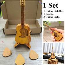 1 Set Wooden Guitar Pick Set (Includes 1 Pick Box + 1 Stand + 3 Picks) - 12*4.5cm (4.72*1.77inch) Stylish Compact Storage Box With Wooden Picks, Perfect Gift For Birthday, Anniversary, Holiday Celebration, Universal Instrument Accessory | Instrument Accessories | Guitar Picks | Pick Storage | Instrument Storage | Pick Set | Instrument Set - Multicolor - View 4