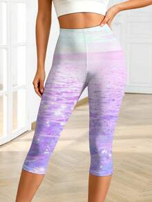 Pastel Ocean Dreams Aesthetic Vaporwave Printed Cycling Capri Pants Summer Beach Vibes Fashion Purple Pink Graphic Casual Yoga Capri Pants For Leisure Sports Outdoors Women - 彩色 - 查看 1