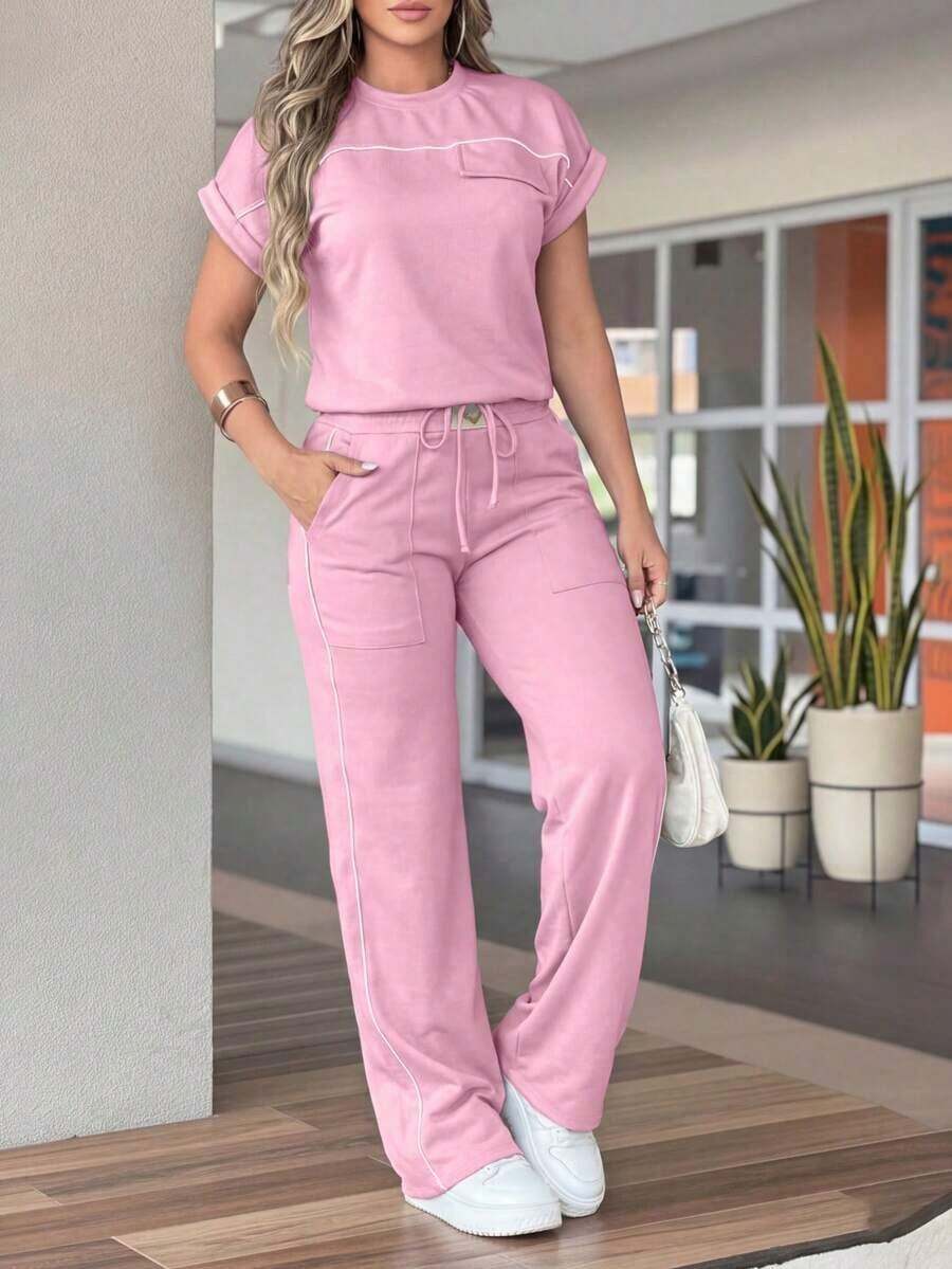 Conjunto de 2 piezas de top de manga corta de cuello redondo minimalista de unicolor y pantalones rectos de cintura alta para mujer, primavera/verano - Rosa brillante 5 - Ver 1