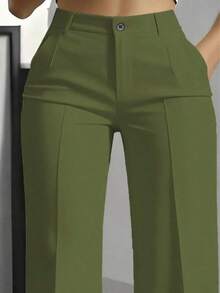 Pantalones rectos de unicolor versátiles y de moda, color blanco, para primavera - Verde militar - Ver 2