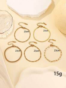 Bộ 5 vòng tay thời trang tối giản bằng thép không gỉ mạ vàng 18K, đa năng có thể đeo nhiều lớp hoặc đeo riêng lẻ, phù hợp làm phụ kiện hàng ngày cho nữ hoặc làm quà tặng. - Vàng - Xem 3