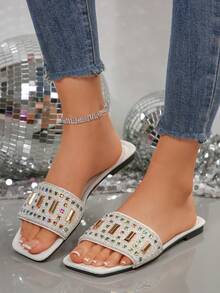 1 Pair Plus Size Shiny Gold Color, Rhinestone & Double Pearl Decor Slides, Elegant & Fashionable For Party, Vacation, Beach, Comfortable Slip-On Flat Mules, Suitable For Daily Wear, Size 41-42-43 - White - View 4