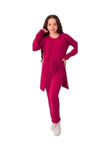 Conjunto Infantil e Juvenil  com 3 Peças em Lanzinha Blusa Regata, Cardigan Manga Longa e Calça sem Punho para Meninas e Adolescentes (CJI007) - Rosê - Visão 2