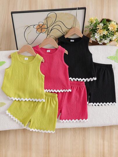 3 Sets (6pcs) Girls & Toddlers Casual White Wave Trim Solid Color Soft Comfortable Knit Fabric Camisole Top & Shorts Set, Suitable For Outdoor Wear, Spring/Summer