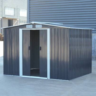 Ultimate 8x6ft Carbon Black Peaked Metal Tool Room With Galvanized Steel: Comprehensive Garden Storage Shed For Tools & Parking, Features Base Kit, Lockable 2-Door Design, & 4 Ventilation Windows (Foundation Included)