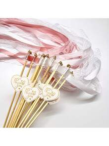 13pcs Ribbon Wands, White/Pink Ribbon Sticks With Heart Thank You Cards, Wedding Ceremony Decor, Loose Ribbon Dancer Wands, Sparklers, Wedding Farewell Items, Party Favors, Streamers, Suitable For Party Celebration Decor, Wedding Celebration Decor, Ribbon Sticks - Multicolor - View 9
