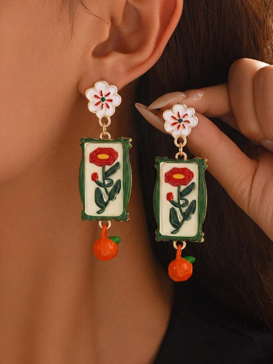 2 pezzi/set Orecchini con dipinto floreale vintage, orecchini pendenti arancioni di design di nicchia, accessori gioiello in smalto, adatti per outfit quotidiani estivi, pendolarismo, appuntamenti, versatili, regali di alta gamma per fidanzate - Multicolore - Visualizzare 1
