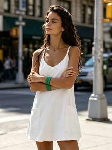 Vestido mini sin mangas para mujer, color liso, cuello en V, tirantes finos, para vacaciones, ropa de calle - Blanco - Ver 5