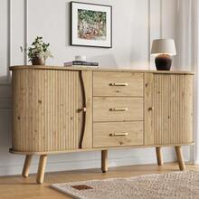 Pea-Shaped Dining Room Cabinet Decorated With A Grooved Design, Featuring Two Sliding Doors And Three Drawers, Adjustable Compartment Height, Solid Wood Cabinet Legs, Wood-Look Finish, Made Of MDF, Modern Nordic Style - 卡其色 - 查看 7