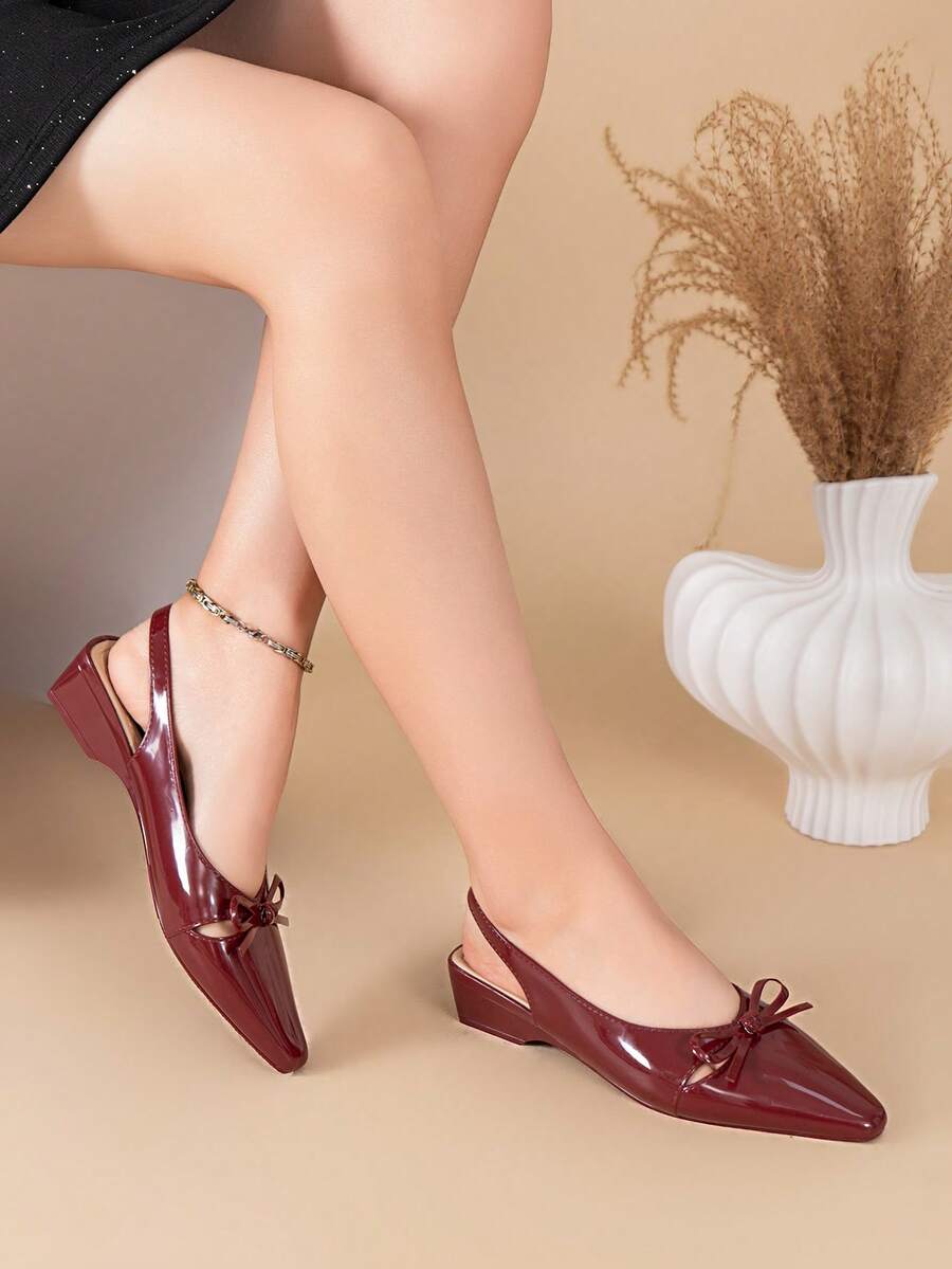 Pointed Toe Flat Backless Slip-On Bowknot Elegant French Style Flat Sandals - Burgundy - View 1