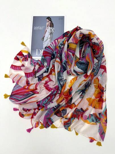 1条鹦鹉图案独特可爱精美设计轻盈百搭的春夏围巾，时尚亮丽色彩系列，女士适用