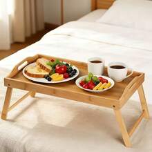 Escritorio plegable para portátil de bambú natural, material de bambú sólido, diseño plegable de una sola pieza para un almacenamiento fácil, asas antideslizantes a ambos lados + borde elevado para una colocación estable, opciones de varios tamaños, adecuado como bandeja para el desayuno, bandeja para TV para personas encorvadas, mesa de picnic al aire libre, estantería para el alféizar de la ventana, aplicable para el hogar, dormitorio, patio, estilo simple y de madera, práctico - Multicolor - Ver 5