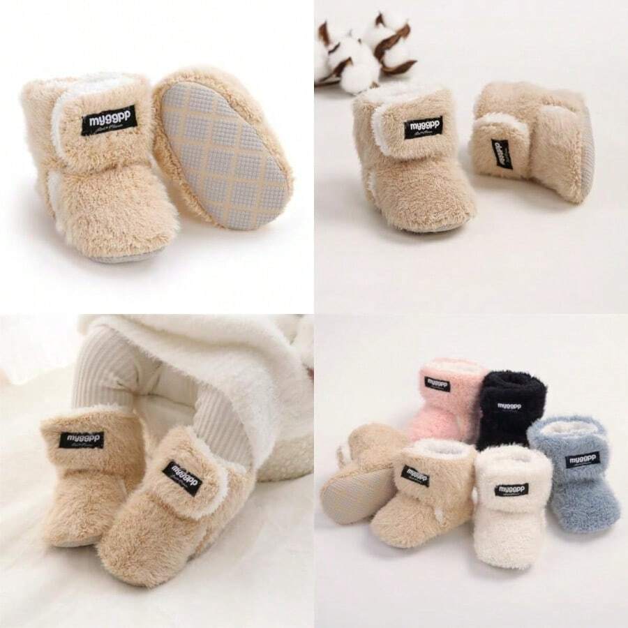 Ohwawadi Infant Baby Boys Girls Slippers Cozy Fleece Booties Soft Bottom Warm Cartoon Socks Newborn Crib Shoes - A03 Z Beige - Ver 1