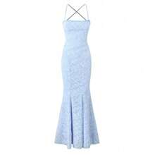 Vestido largo de mujer elegante con encaje de moda tirantes cola de sirena atado - Azul cielo - Ver 1