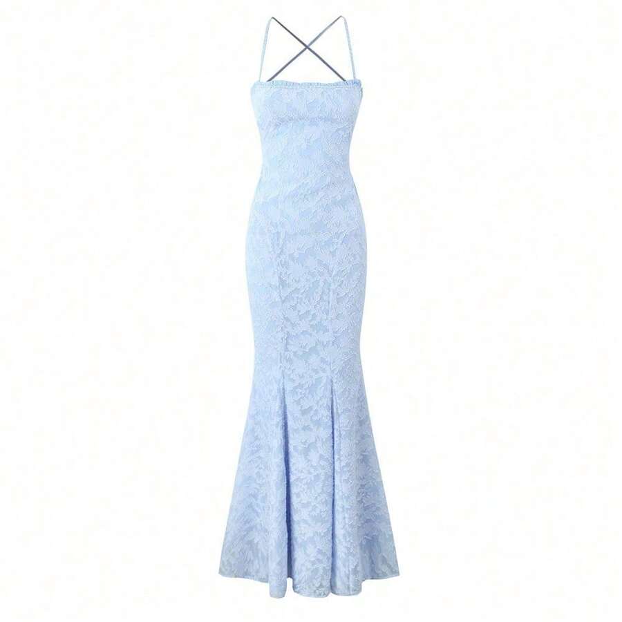 Vestido largo de mujer elegante con encaje de moda tirantes cola de sirena atado - Azul cielo - Ver 1