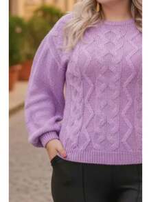Plus Size Winter Puff Sleeve Knitted Blouse - Size G2 (EXL) - Lilac - View 2