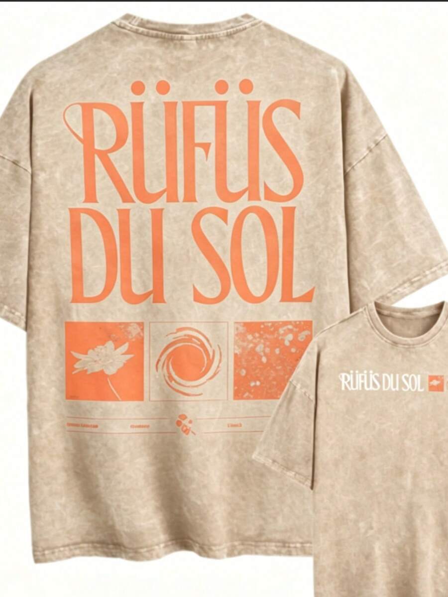 Summer TopsVintage Washed Oversized Black Tshirt Graphic Men Women Clothing Rufus Du Sol, Leaf, Circle, Texture American Vintage Rufus Du Sol 2025 Con - 杏色 - 查看 1