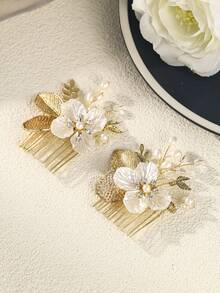 Gold Hollow Out Leaf & Pearl Flower Hair Comb, Elegant Rhinestone Bridal Headpiece For Wedding & Party Vintage Gold Filigree Leaf & 3D Flower Hair Clip, Boho Crystal Wedding Hair Accessory For Bride,Festival,Birthday - Gold - View 10