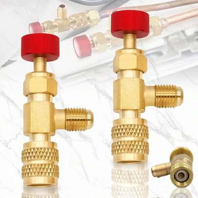 Válvulas de carga de refrigerante R12/R410 - R12/R22 (rosca macho de 1/4" a rosca hembra de 1/4"), R410 (rosca macho de 1/4" a rosca hembra de 5/16") - Adaptadores de con válvula de bola para control de flujo, para juegos de manómetros de aire acondicionado R12/R22/R410.